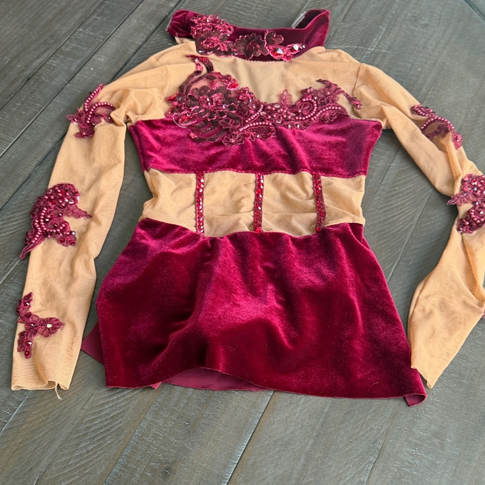 Burgundy and Tan Embellished contemporary custom dance costume child large. CL